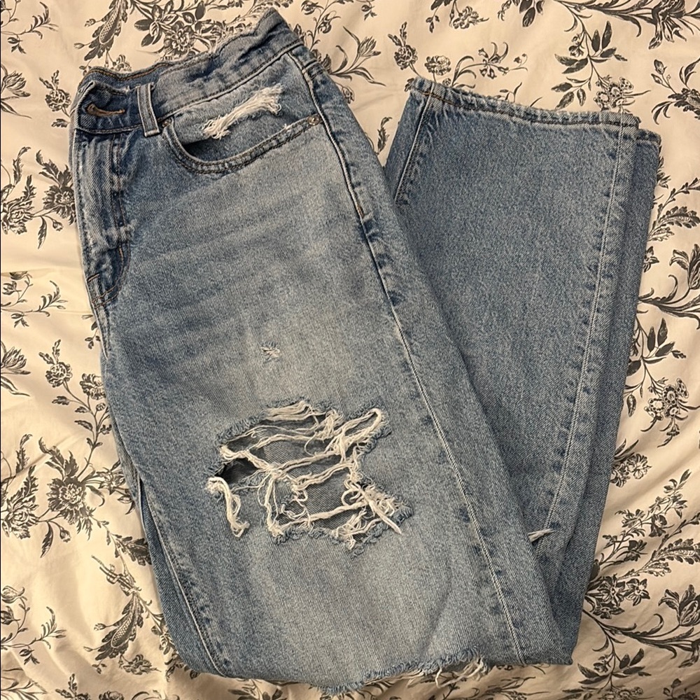 American Eagle Outfitters Blue Boyfriend Jeans with Distressed Details